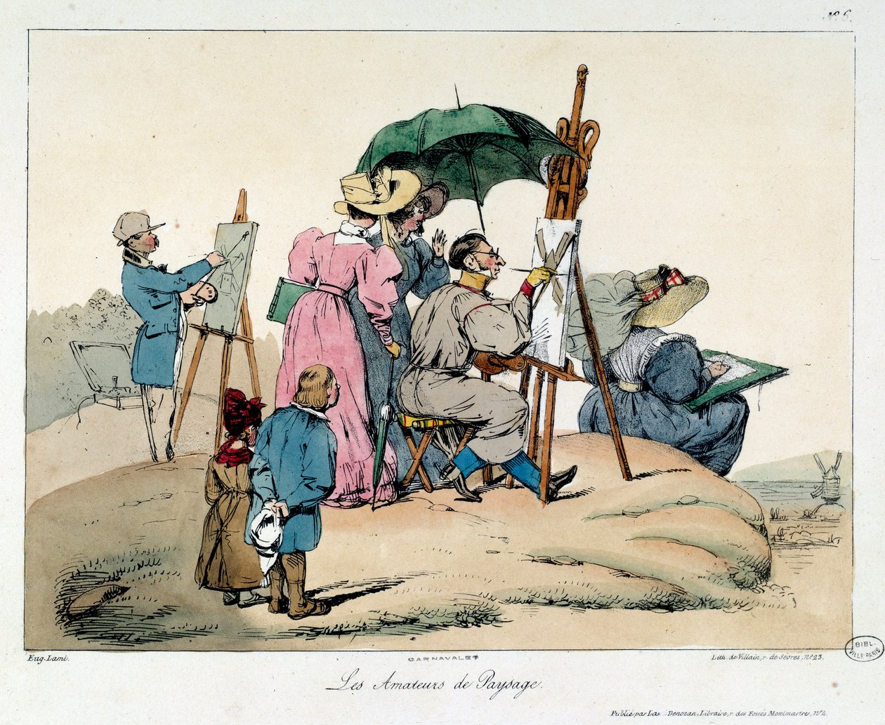 Amantes da paisagem. Os pintores apresentados reagrupam-se para pintar uma paisagem marítima. Ilustração do livro "la vie de chateau". de Eugene Louis Lami