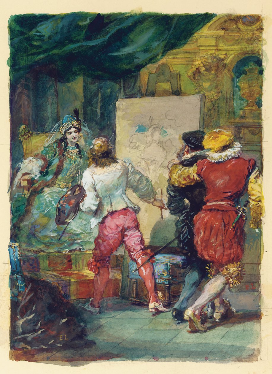 Le Sicilien ou L&39;Amour Peintre, após Moliere (Ato IV, Cena XII) (lápis, aquarela, guache) de Eugene Louis Lami