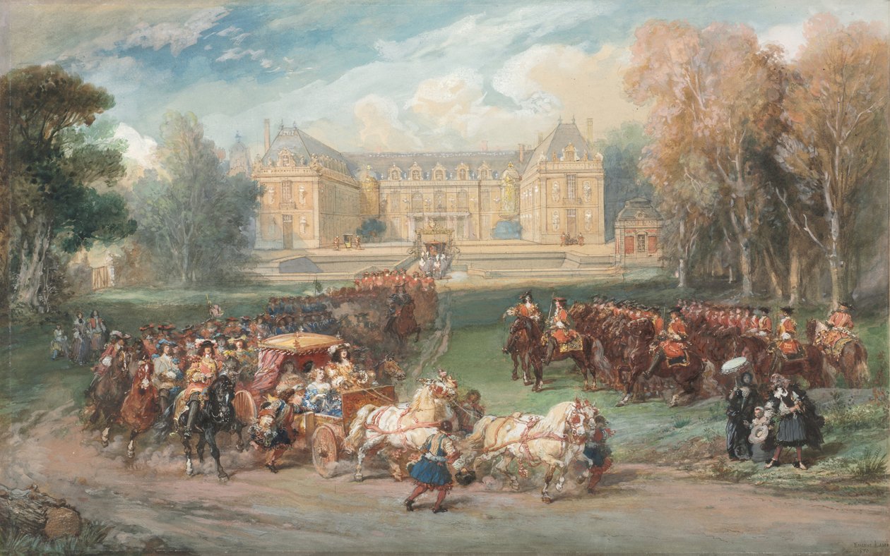 Louis XIV Dirigindo seu treinador no parque de Versalhes, 1870. de Eugene Louis Lami