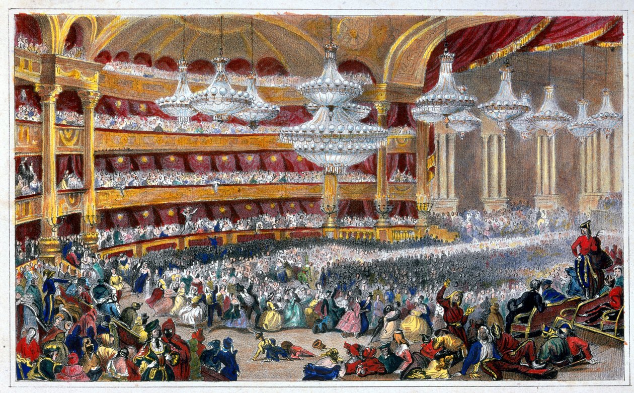 Baile de máscaras na Ópera no século XIX - por Dolfino, depois de Lami. de Eugene Louis Lami
