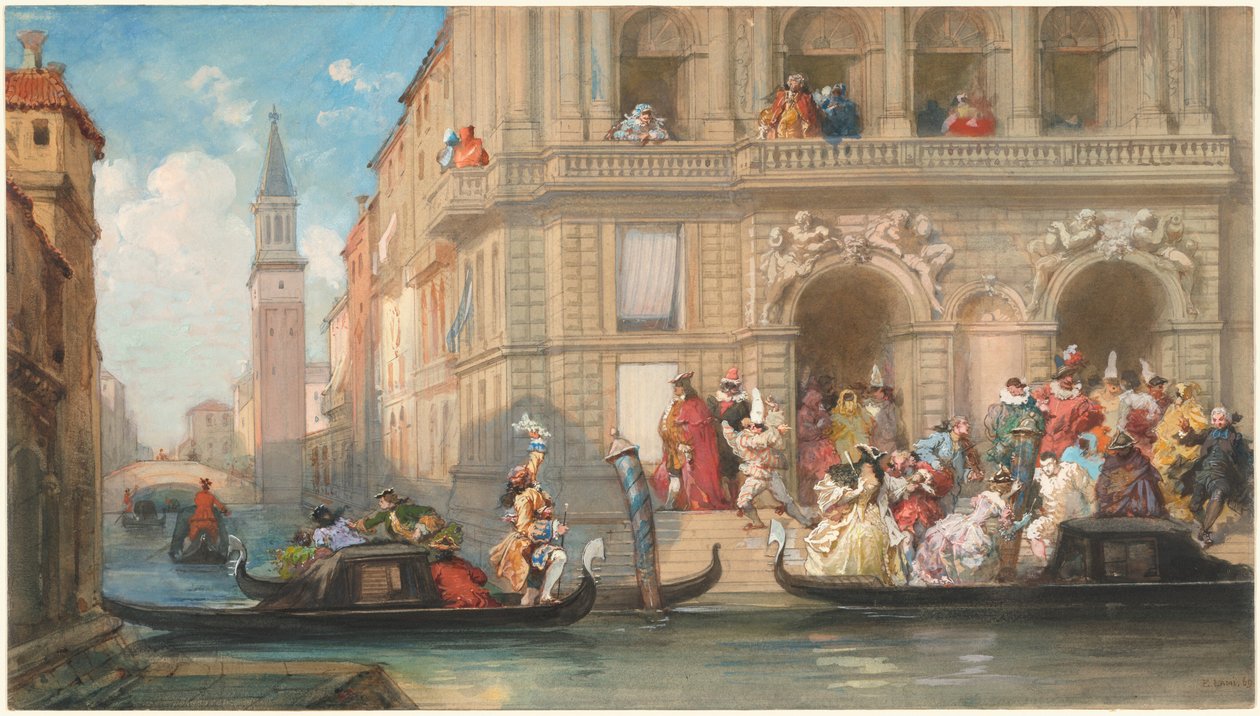 Máscaras embarcando em gôndolas diante de um palácio veneziano de Eugene Louis Lami