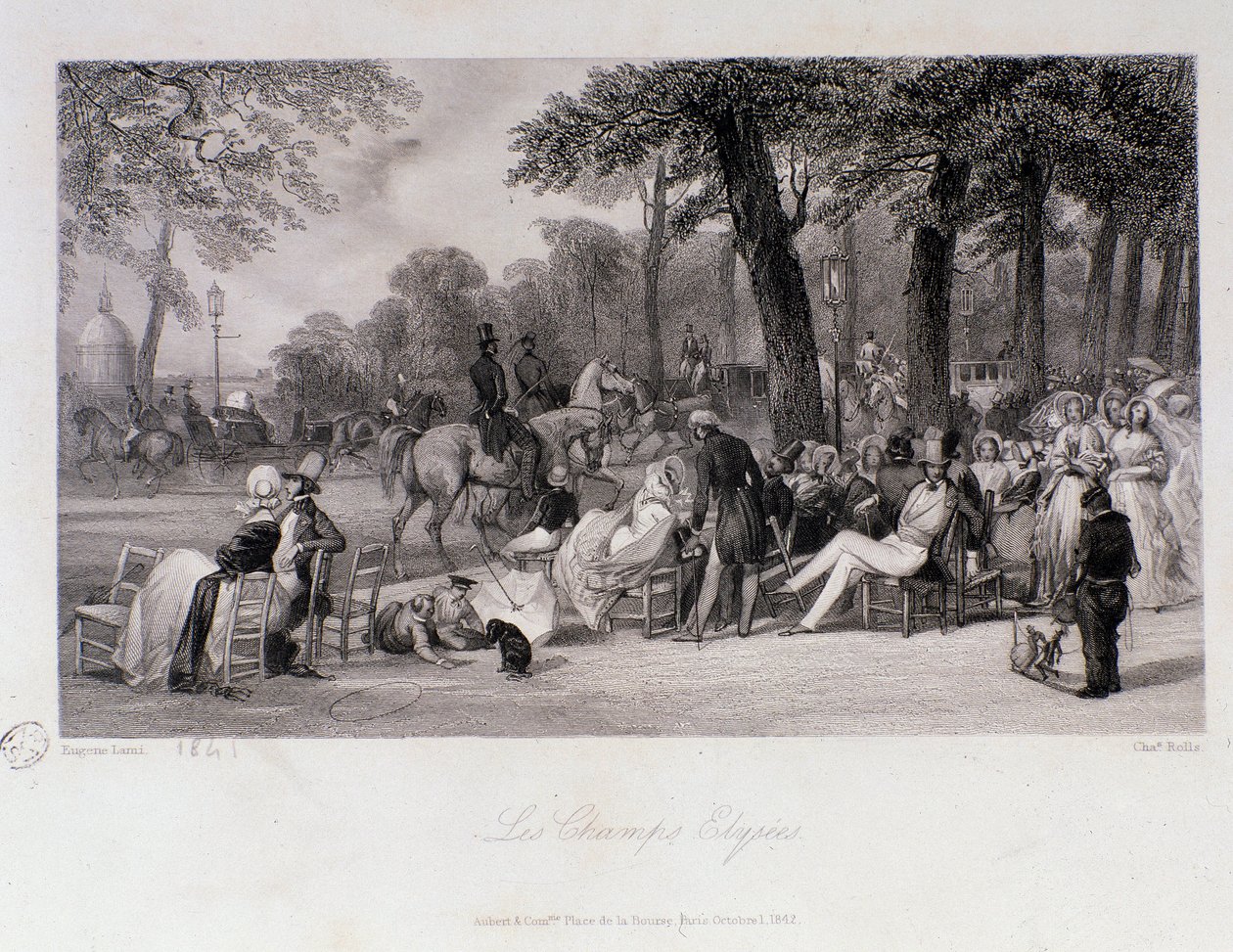 Passageiros e caminhantes nos Campos Elíseos (Champs-Elysees) em Paris. Gravura de Eugene Louis Lami (1800-1890) 1841 Coleção particular de Eugene Louis Lami