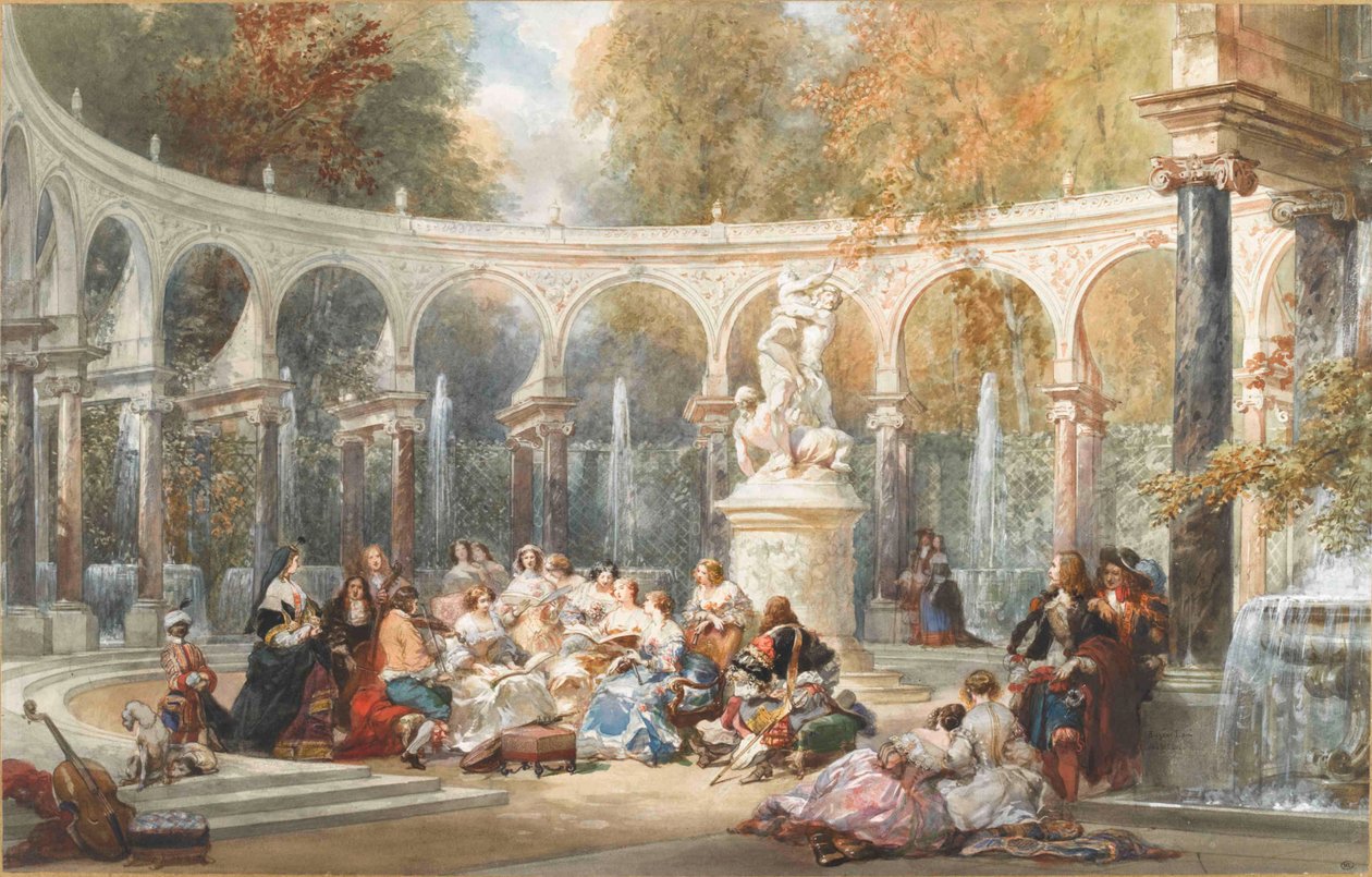 Sociedade no Bosquet de la Colonnade no jardim de Versalhes. de Eugene Louis Lami