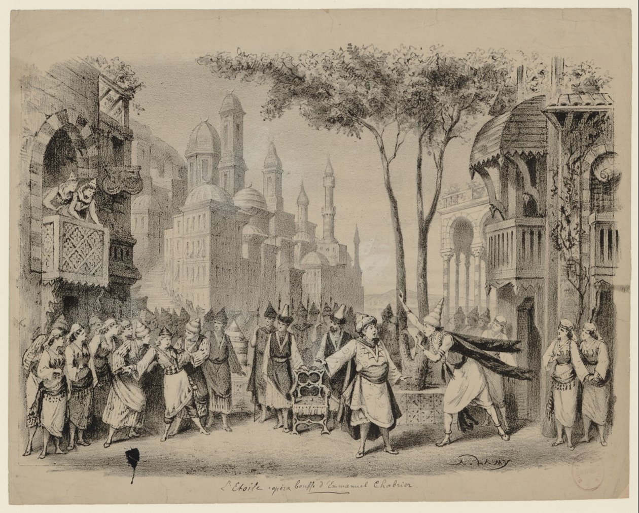 A Ópera Létoile de Emmanuel Chabrier no Théâtre des Bouffes-Parisiens, 1877 de Eugene Louis Lami