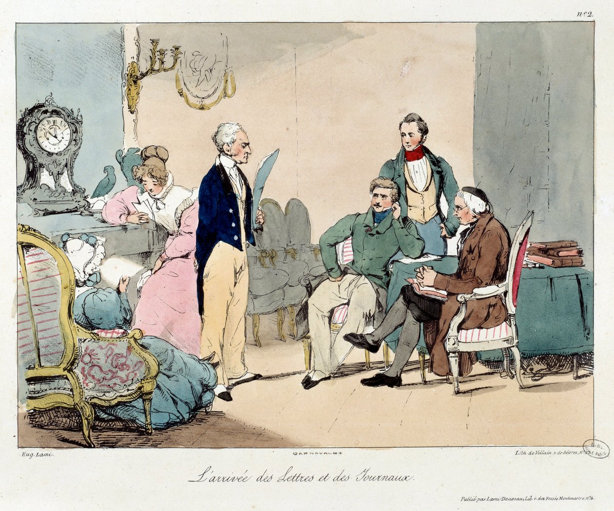 A chegada das cartas e dos jornais. Ilustração do livro "La vie de chateau". Gravura de Eugene Louis Lami (1800-1890) de Eugene Louis Lami