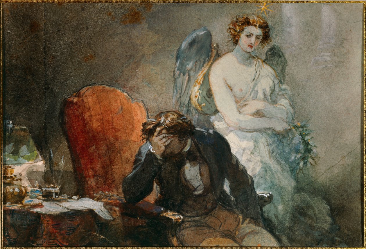 A noite de Outubro Ilustração das obras de Alfred de Musset (1810-1857). Aguarela de Eugene Louis lami (1800-1890) Sol do século XIX. 0,1x0,14 m Malmaison, musee du chateau de Eugene Louis Lami