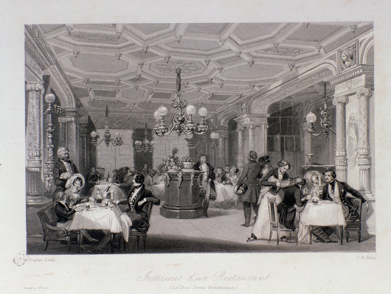 Vista do interior do restaurante "Les trois freres provencaux", perto do Palais Royal em Paris. Gravura de Eugene Louis Lami (1800-1890) 1843 Coleção particular de Eugene Louis Lami