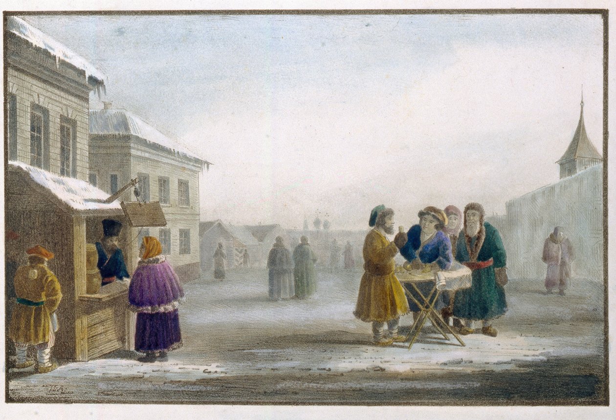 Vendedor de tabaco itinerante em frente a uma tabacaria na Rússia. Trabalho de Eugene Pluchart (1809-1880), litografia e aguarela de Eugéne Pluchart