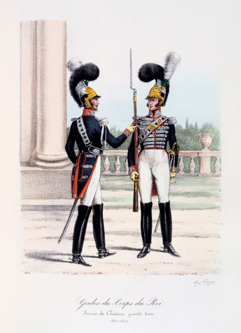 Guarda-costas do rei, serviço de castelo, vestido completo, 1820-30 de Eugene Titeux