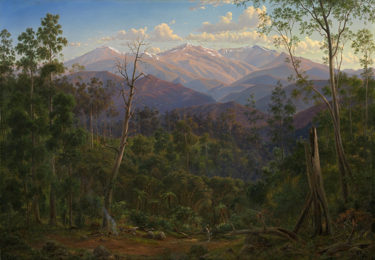 Monte Kosciusko, visto da fronteira vitoriana (Cordilheira Mount Hope) de Eugene von Guérard