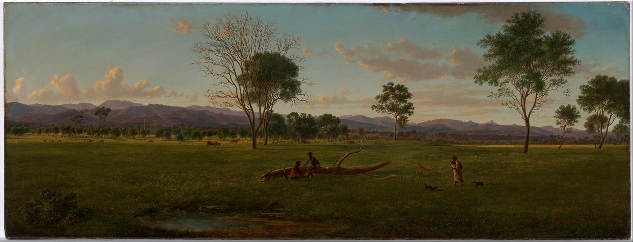 Vista dos Alpes de Gippsland, do Bushy Park no rio Avon de Eugene von Guérard