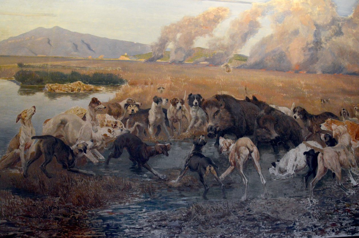 Detalhe da pintura de Eugenio Cecconi The Boar Hunting no Pântano Burano na Galleria d&39;Arte Moderna (Florença) de Eugenio Cecconi