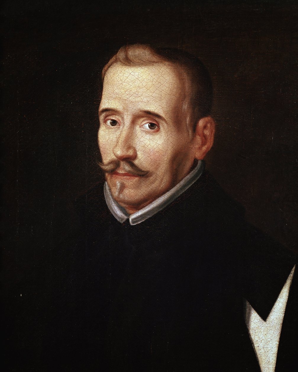 Retrato de Felix Lope de Vega y Carpio (1562-1635), dramaturgo e poeta espanhol. Pintura anônima da escola de Eugenio Caxes, do século XVII. Óleo sobre tela. Detalhe. Madrid. Fundação Lazaro Galdiano de Eugenio (attr. to) Caxes