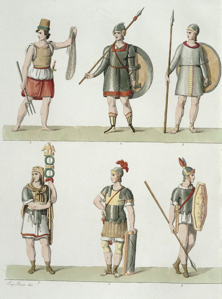 Soldados romanos, detalhe da placa 2, classe 5 da parte I da história das Nações, gravada por Buttazon aquatint, ver também 93289 de Eugenio Bosa
