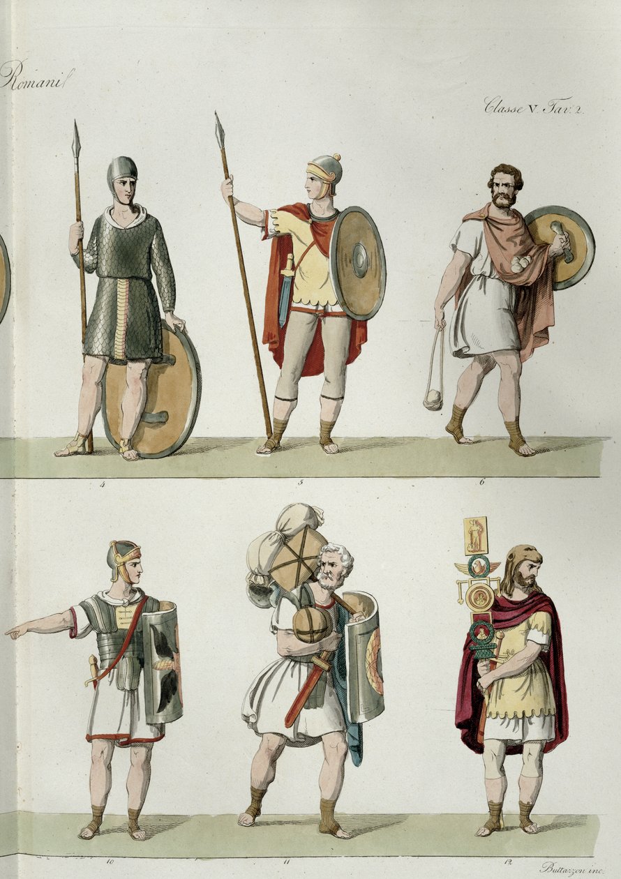 Soldados romanos, detalhe da placa 2, classe 5 da Parte I da História das Nações, gravada por Buttazon (aquatint) (ver também 93288) de Eugenio Bosa