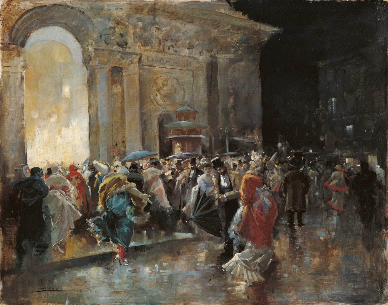 Chegada ao Teatro numa Noite de Baile de Mascaramento - Lucas Villaamil, Eugenio (1858-1919) - c. 1895 - Óleo sobre madeira - 31x40 - Museo Carmen Thyssen, Málaga de Eugenio Lucas Villaamil