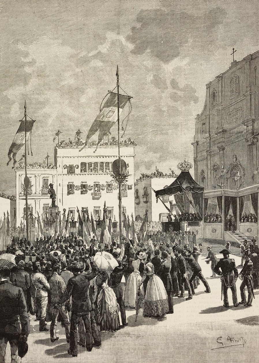 Descerramento do monumento a Victor Emmanuel II (1820-1878), primeiro Rei de Itália, na presença de Umberto I (1844-1900), Rei de Itália, estátua de Eugenio Maccagnani (1852-1930), Lecce, Itália de Eugenio Maccagnani