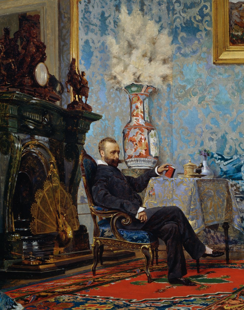 Peter Fabricci sentado na sala de estar, detalhe da família Fabricci, ca 1880, de Eugene Scomparini (1845-1913), óleo sobre tela, 68x187 cm, Itália de Eugenio Scomparini