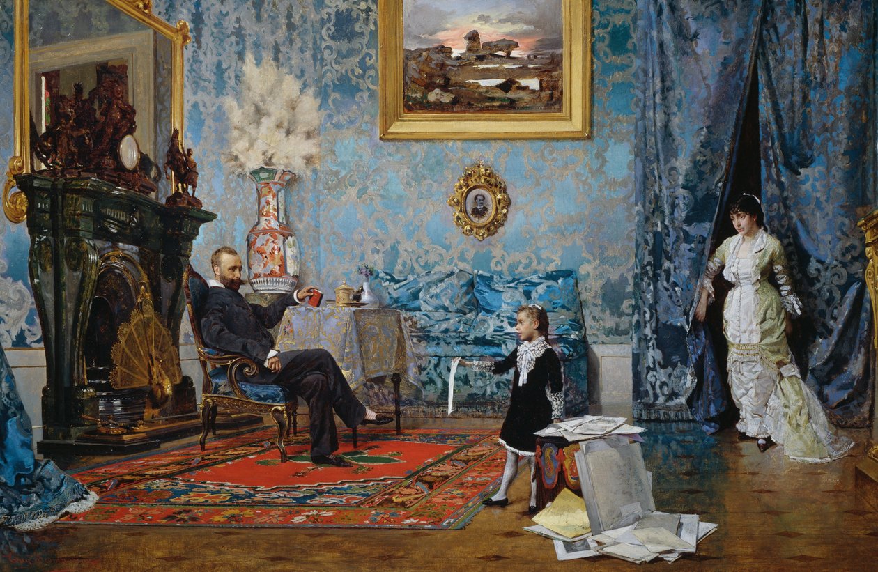 A família Fabricci, ca 1880, por Eugenio Scomparini (1845-1913), óleo sobre tela, 68x187 cm, Itália de Eugenio Scomparini
