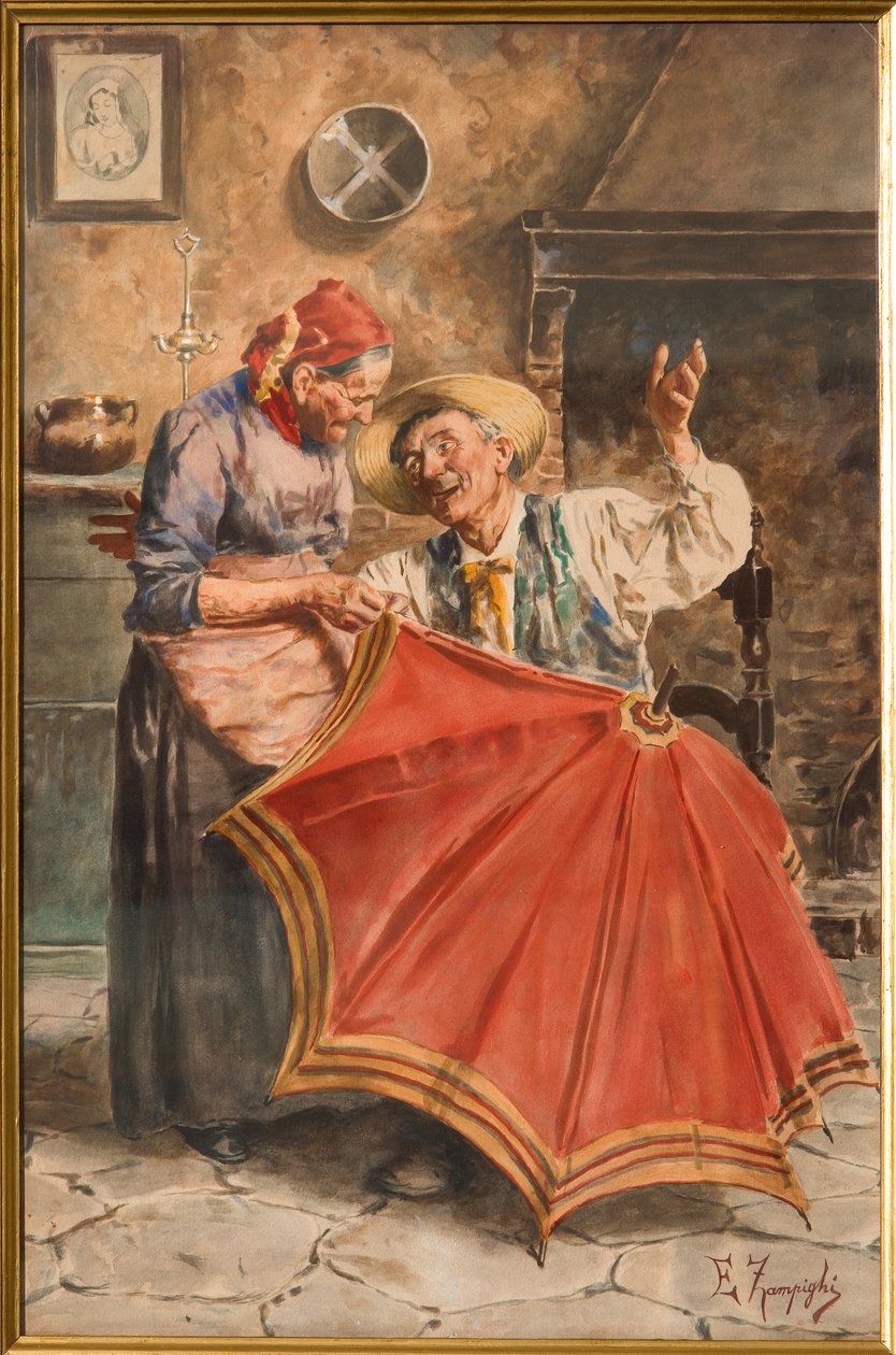 Interior com duas pessoas (aguarela) de Eugenio Zampighi