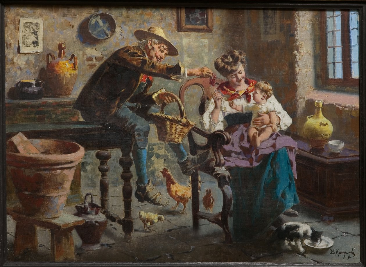 Cena com um Homem, uma Mulher e uma Babygirl (óleo sobre tela) de Eugenio Zampighi