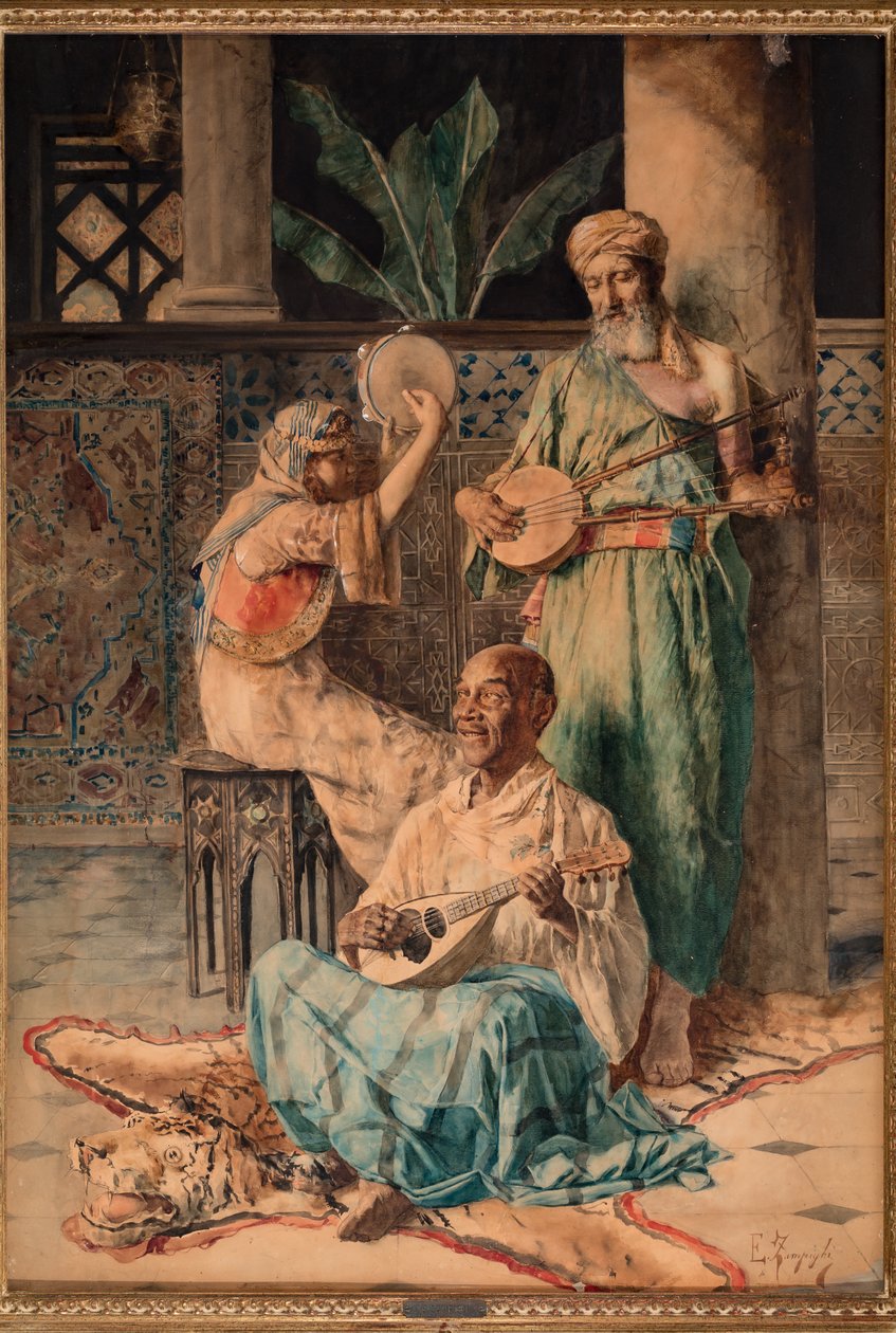 Três tocadores de música oriental (tempera no papel) de Eugenio Zampighi
