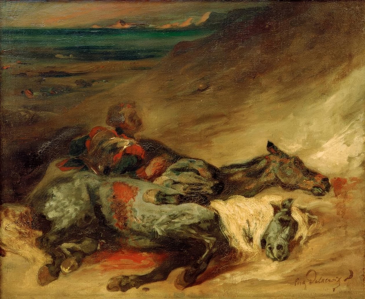 Os dois cavalos mortos no campo de batalha de Ferdinand Victor Eugene Delacroix