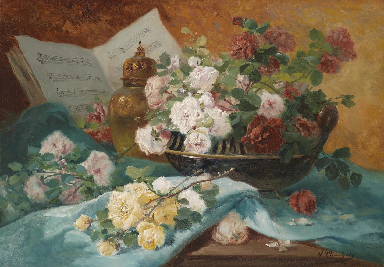 Natureza morta com rosas em uma tigela, ornamento e pontuação de Eugene Henri Cauchois