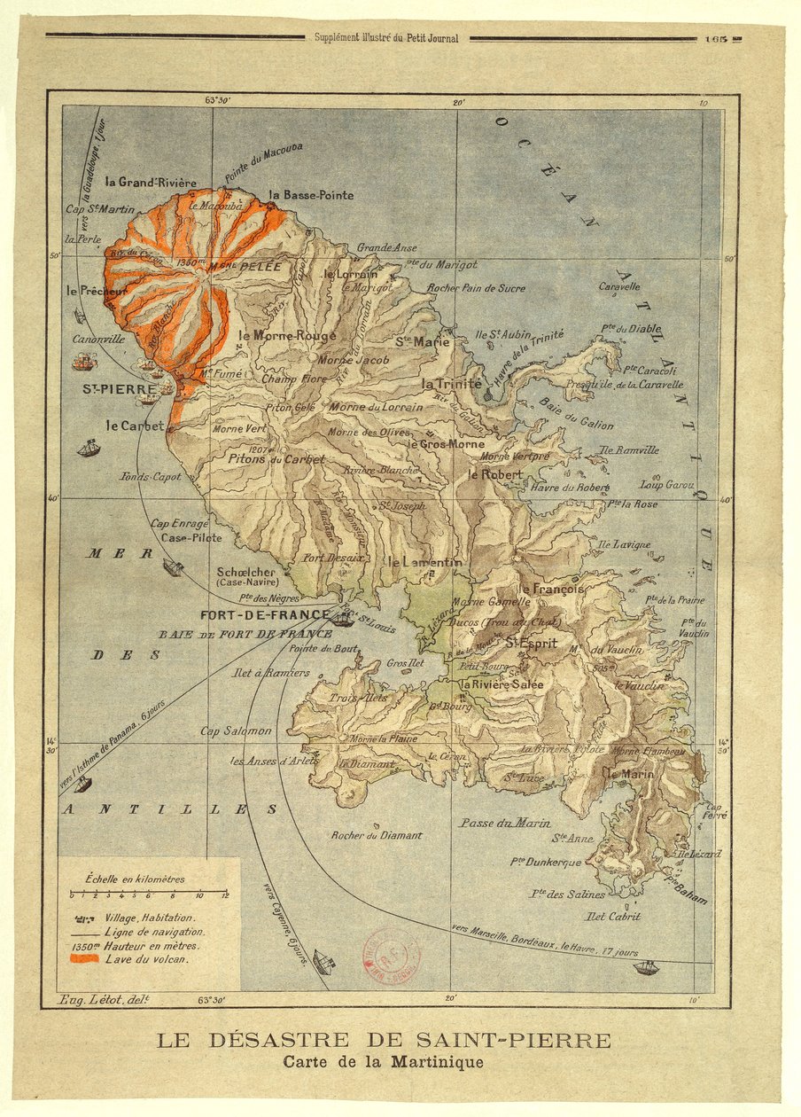 O desastre de Saint-Pierre. Mapa da Martinica de Eugène Letot