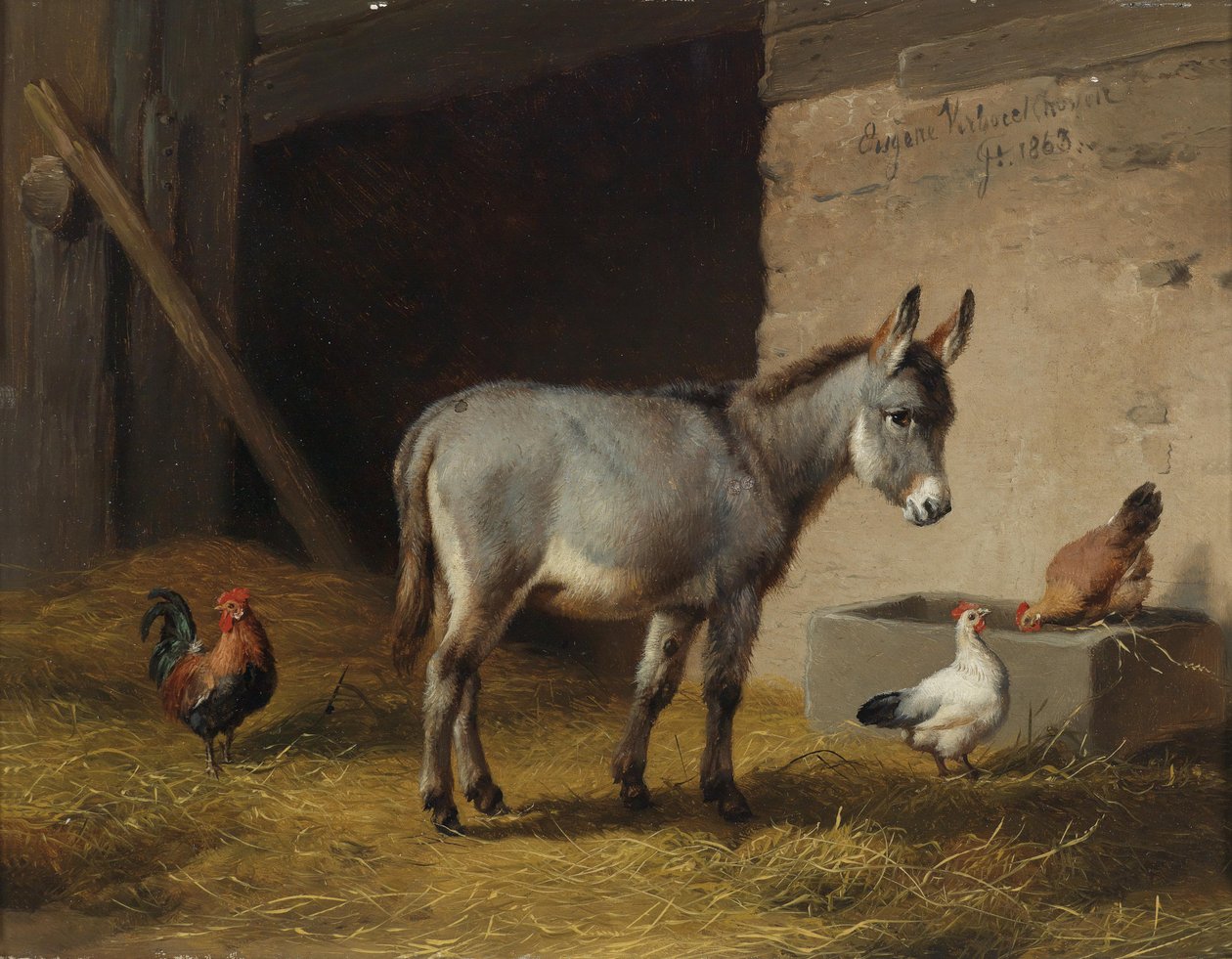 Burros e galinhas no estábulo de Eugene Joseph Verboeckhoven