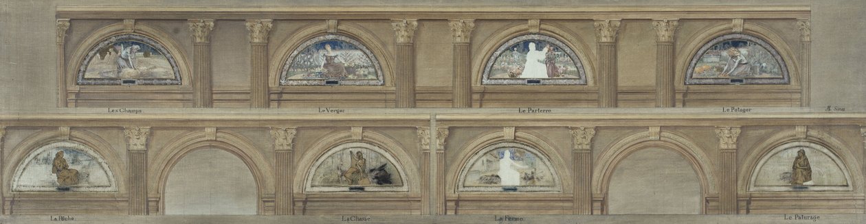 Esboço para a sala de jantar do Hôtel de Ville em Paris: Os Campos. O pomar. O Parterre. A horta. A pesca. A caça. A quinta. O Pasto, cerca de 1891 (tinta, óleo sobre lápis, papel sobre tela) de Eugène Martial Simas