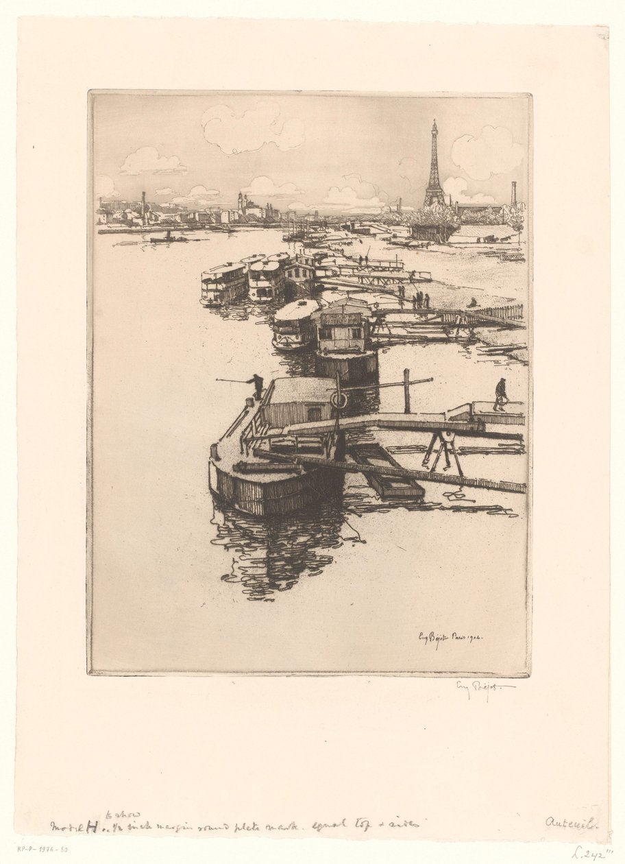 Cais com barcos omnibus em Paris com a Torre Eiffel ao fundo de Eugène Bejot (signed by artist)