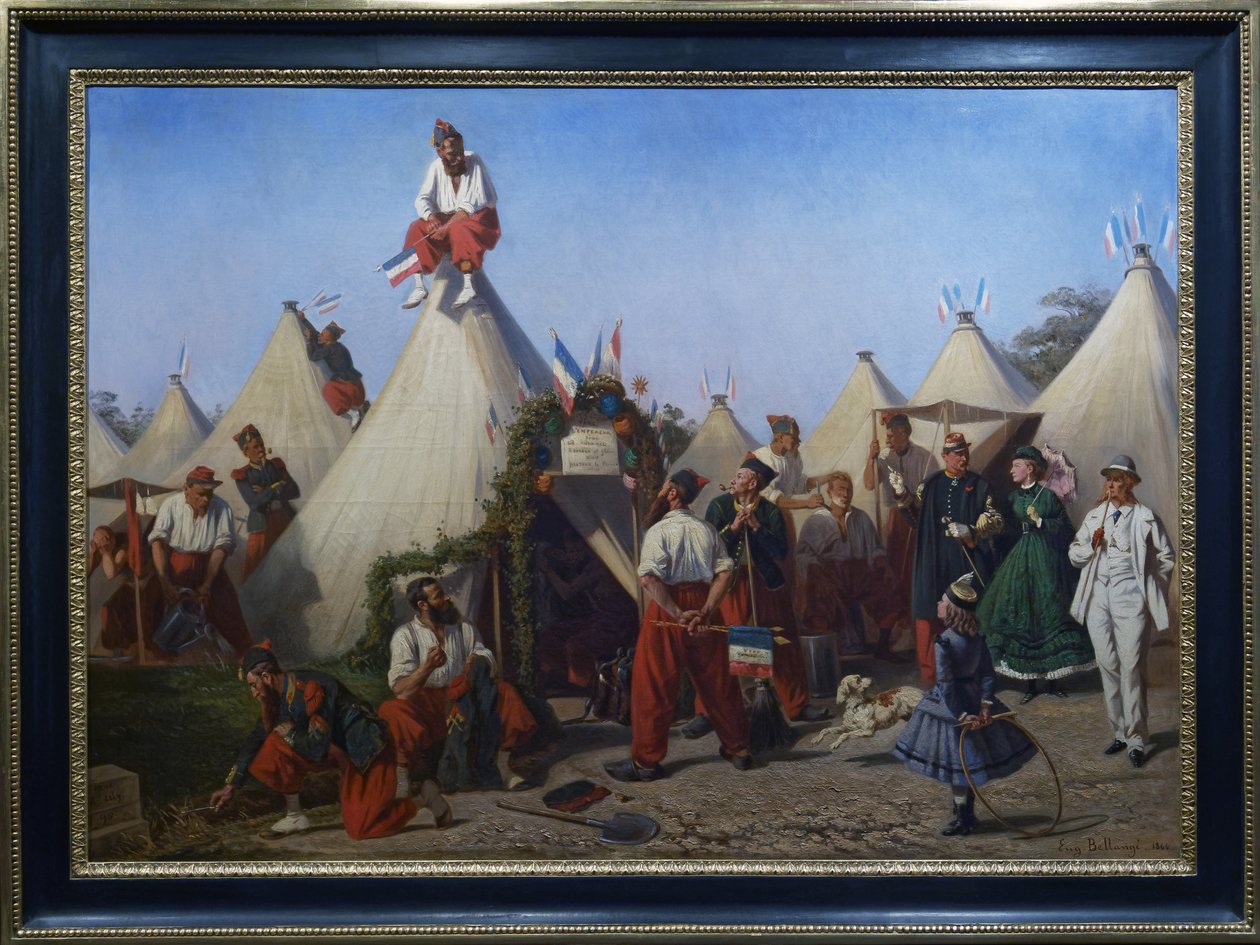 Sapadores de infantaria preparando o seu acantonamento para a festa do Imperador de Eugène Bellange
