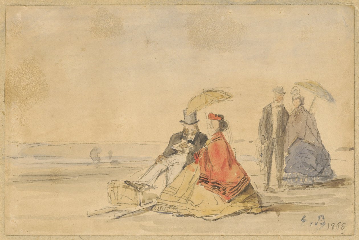 Um casal sentado e um casal caminhando na praia de Eugène Boudin