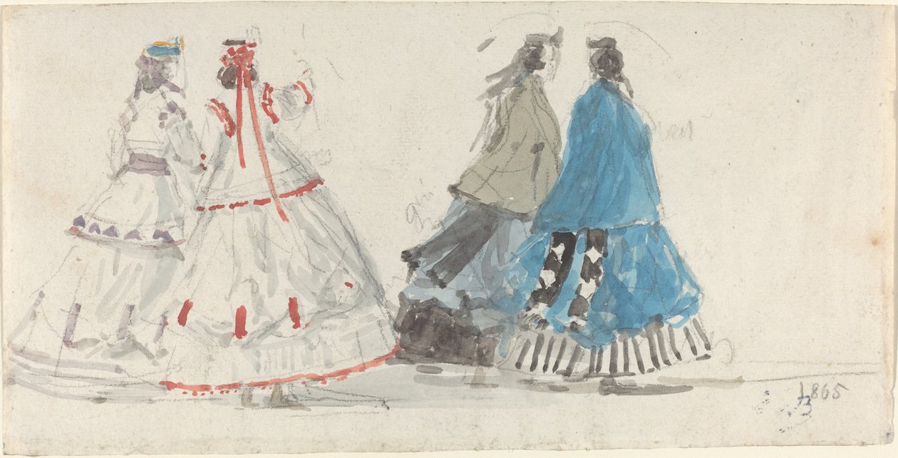 Quatro senhoras em crinolinas andando em Trouville de Eugène Boudin