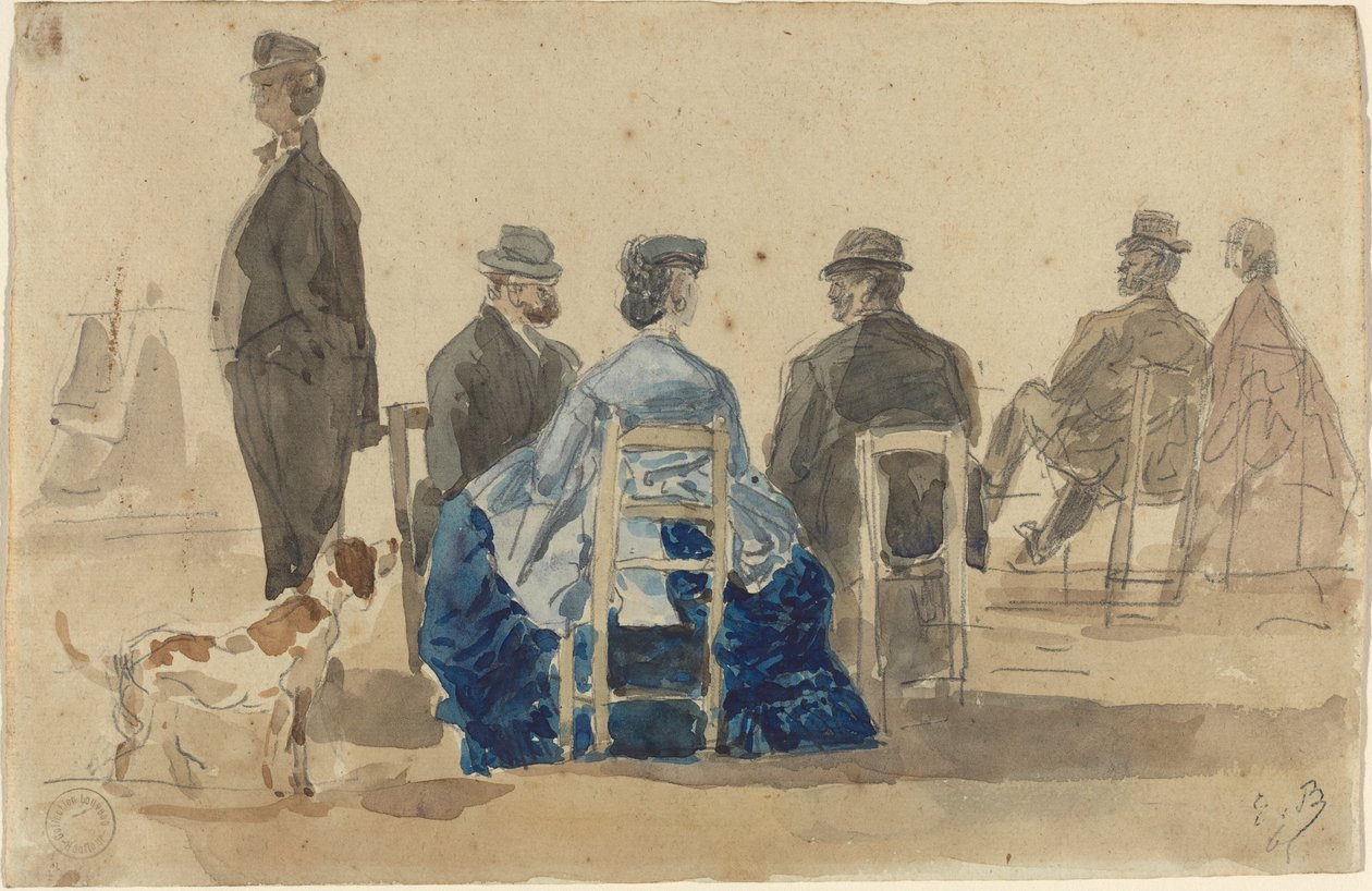 Senhoras e senhores sentados na praia com um cachorro de Eugène Boudin