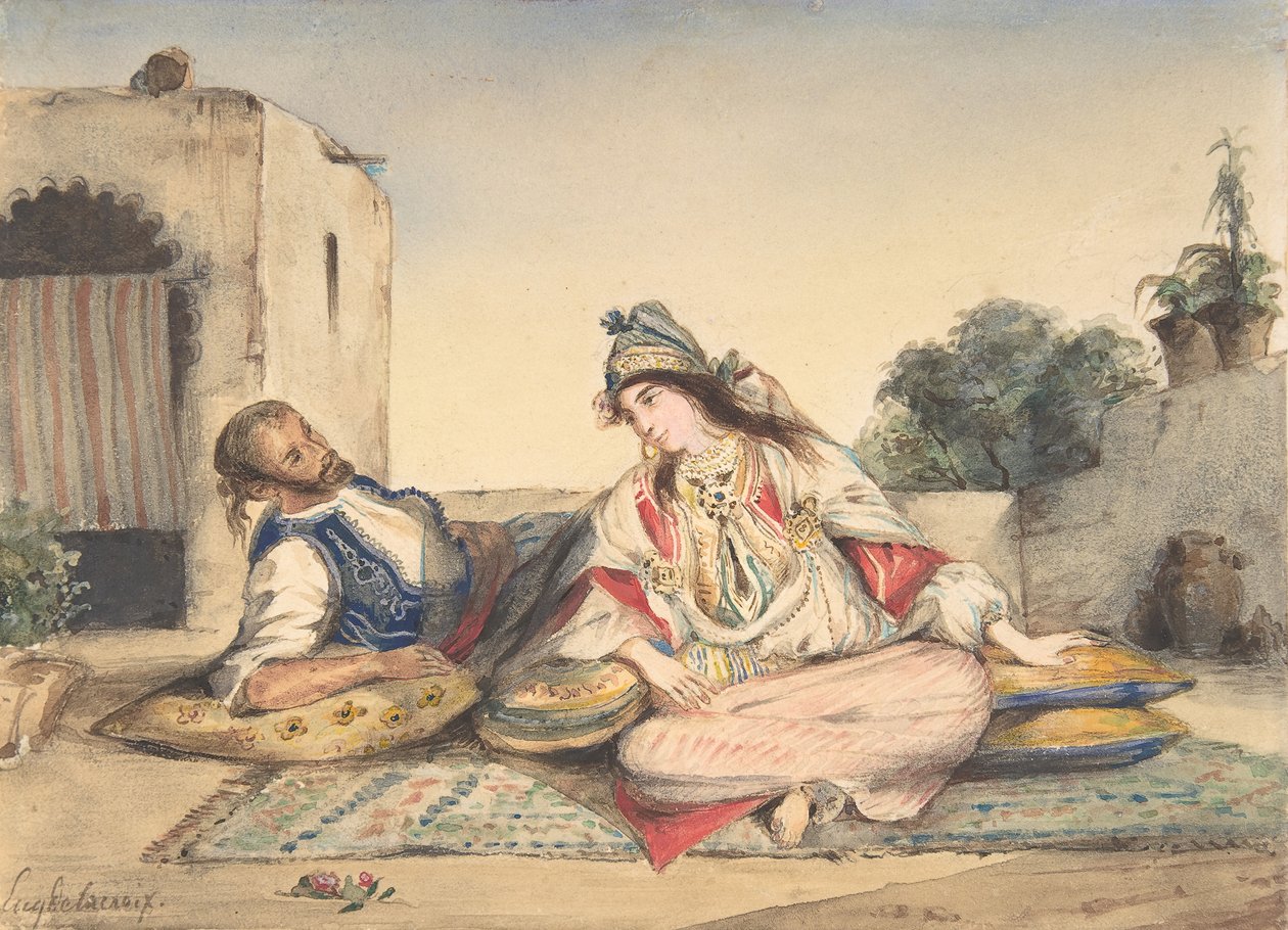 Um casal marroquino em seu terraço, 1832. de Eugène Delacroix