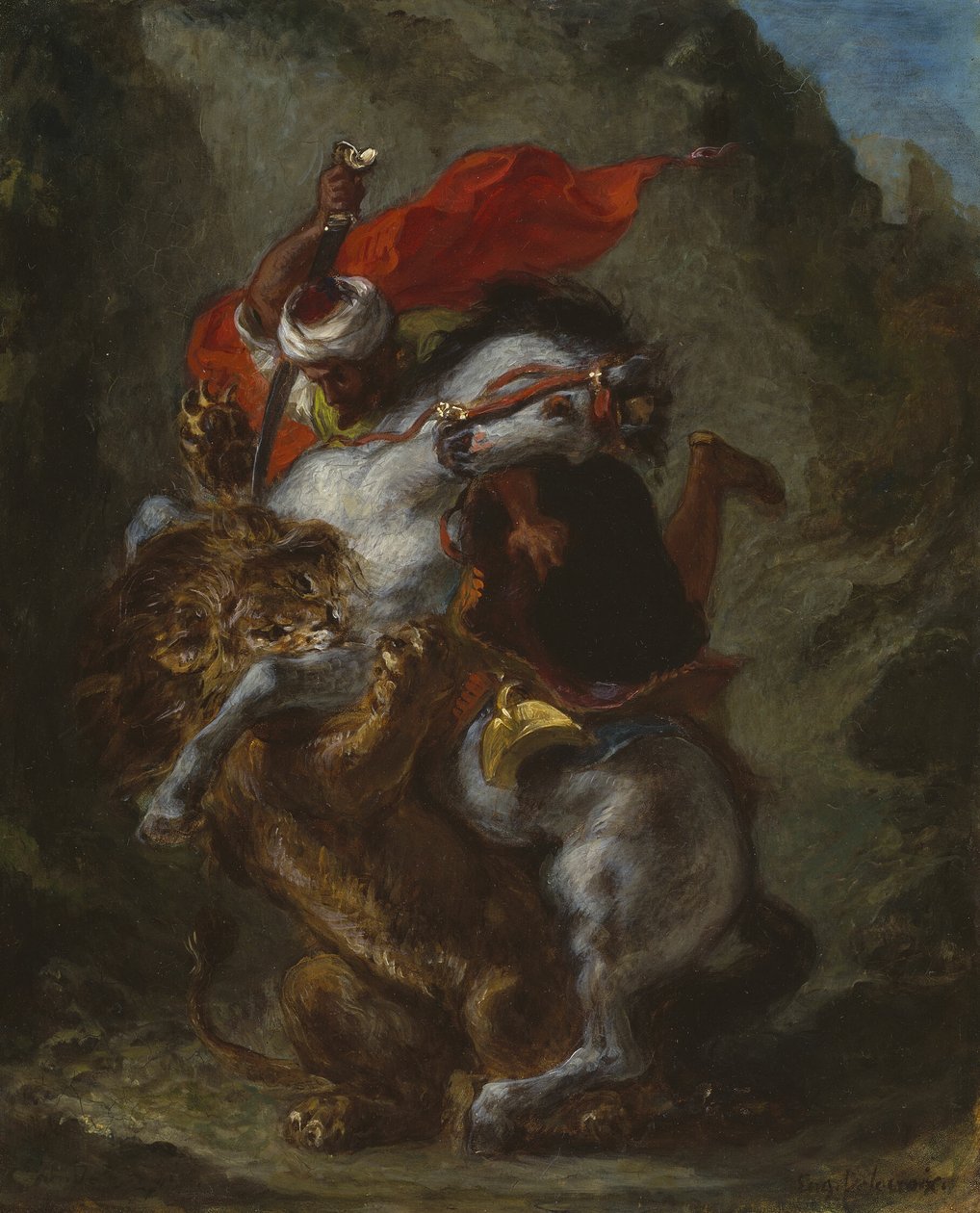 Cavaleiro árabe atacado por um leão de Eugène Delacroix