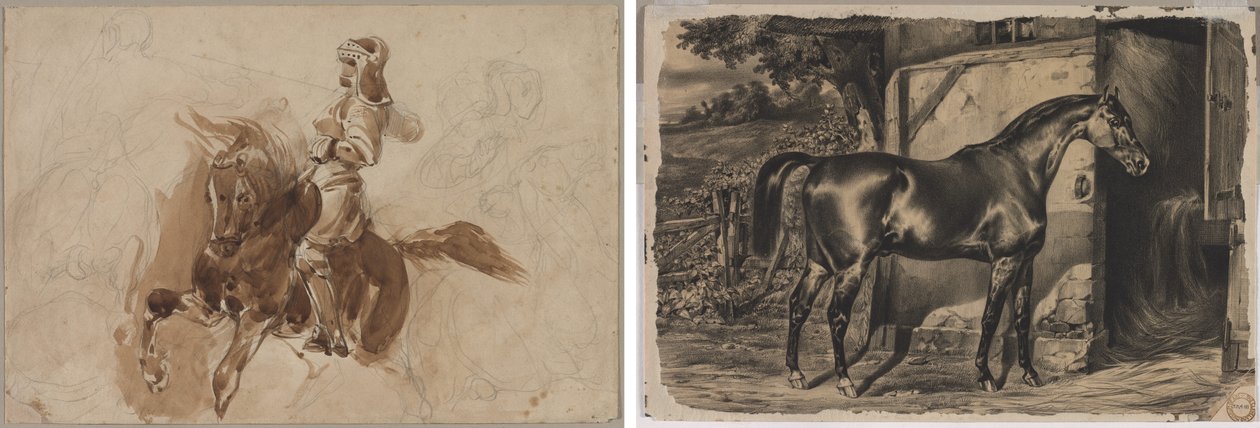 Figura Blindada a Cavalo (reto); Cavalo na frente de um celeiro (verso) de Eugène Delacroix