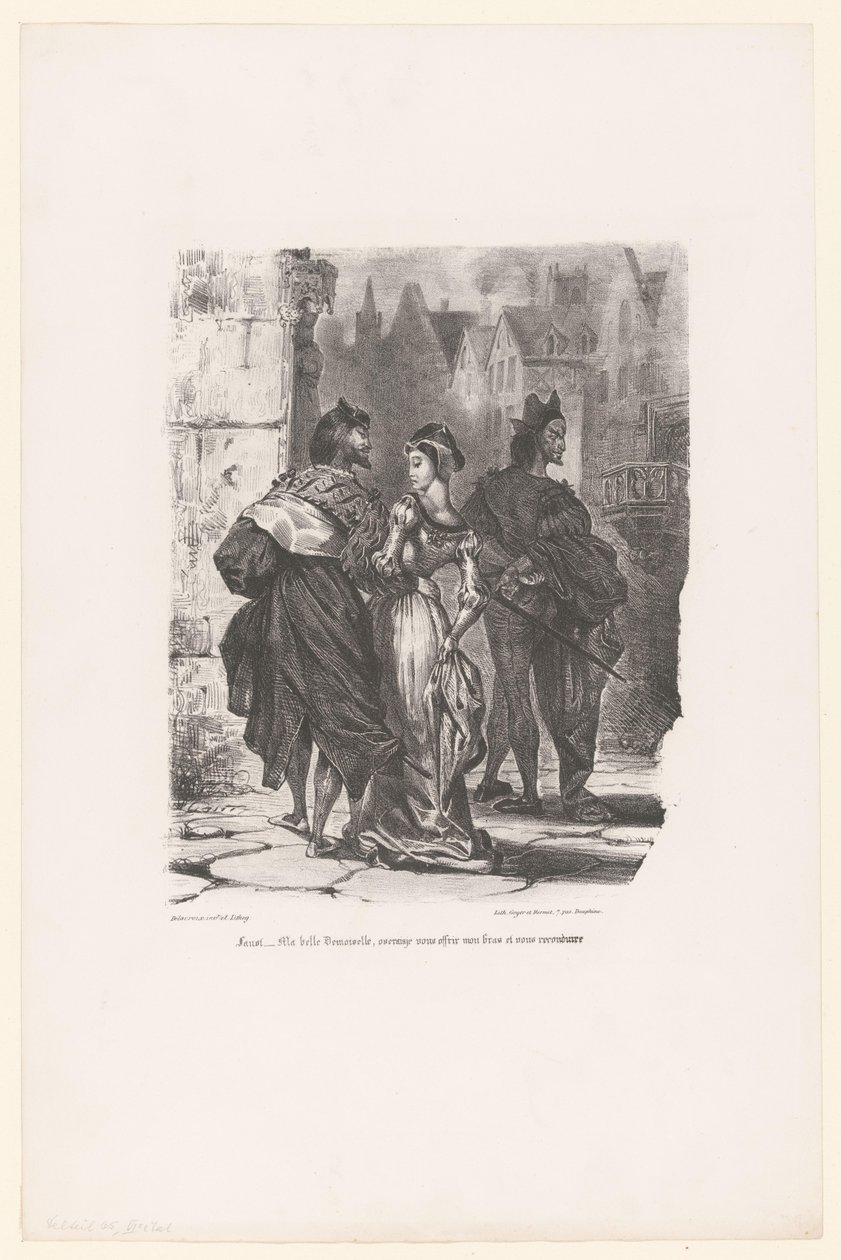 Faust probeert Grietje te verleiden
Fausto: Minha bela senhora, atrever-me-ia a oferecer-te o meu braço e a levar-te para longe? (título sobre o objecto)
Fausto (título da série)
Fausto, tragédia de M. de Goethe (título da série) de Eugène Delacroix