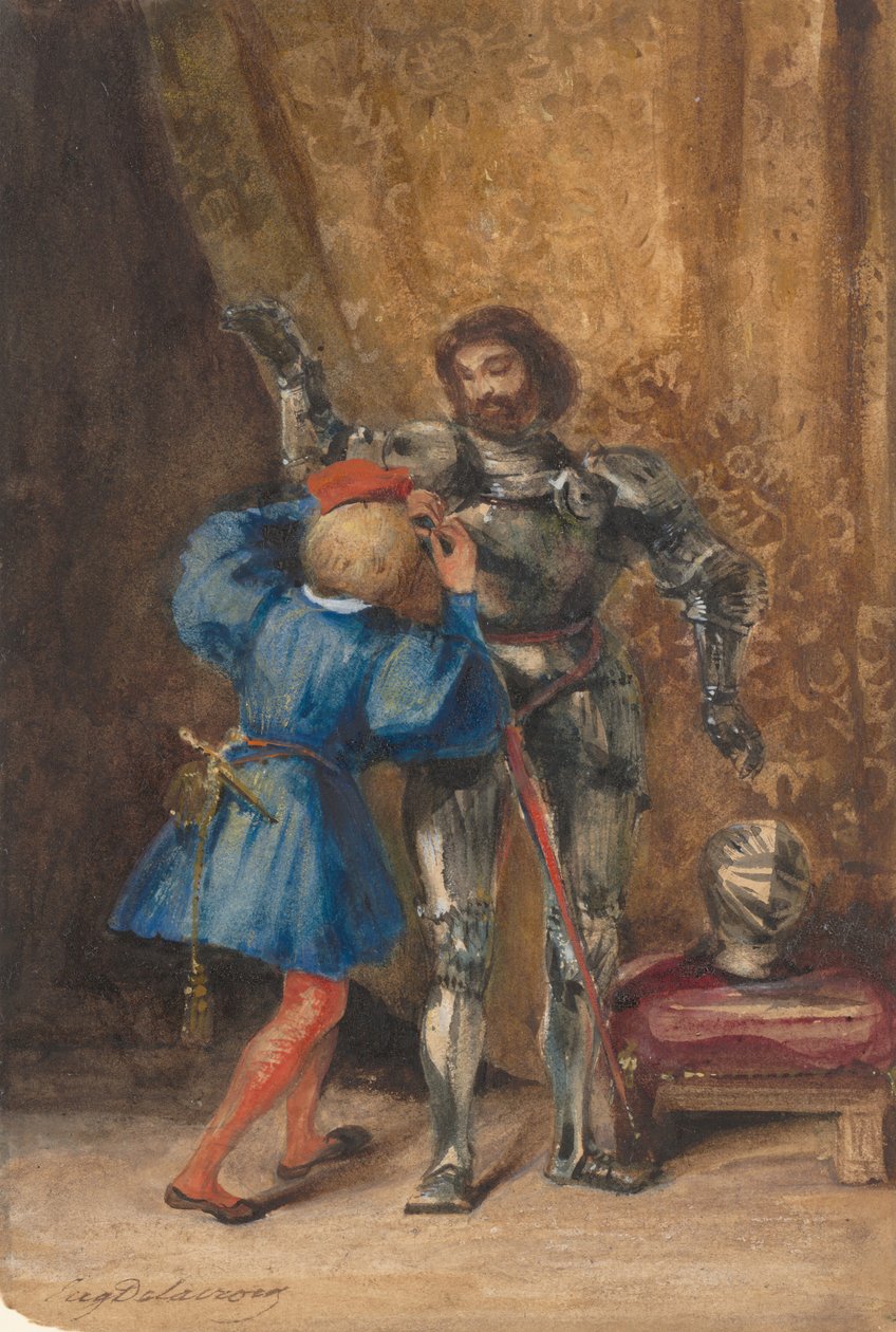 Goetz von Berlichingen sendo vestido de armadura por sua página George, 1826-27. de Eugène Delacroix