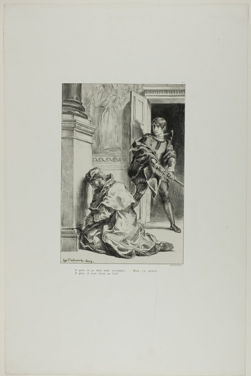 Hamlet tenta matar o rei, prato 8 de Hamlet de Eugène Delacroix
