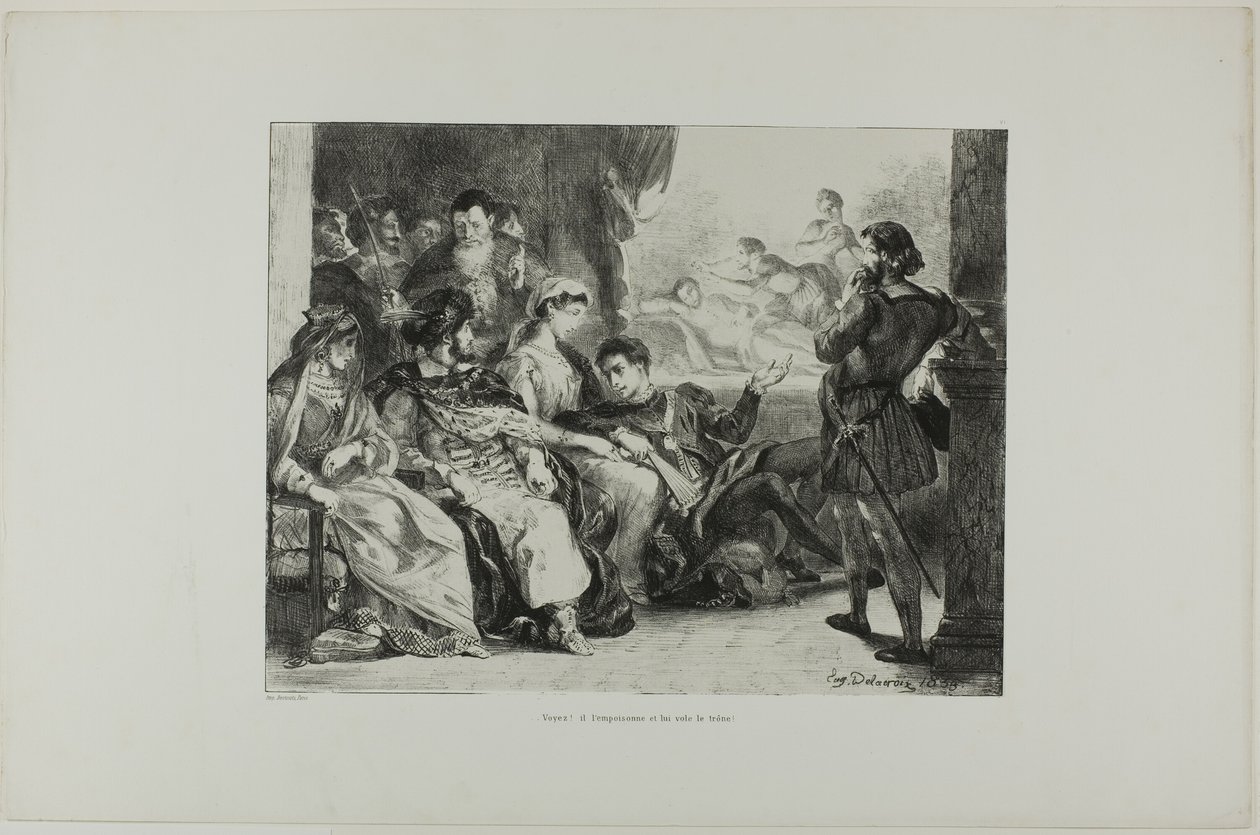 Hamlet faz com que os jogadores encenem o envenenamento de seu pai, prato 7 de Hamlet de Eugène Delacroix