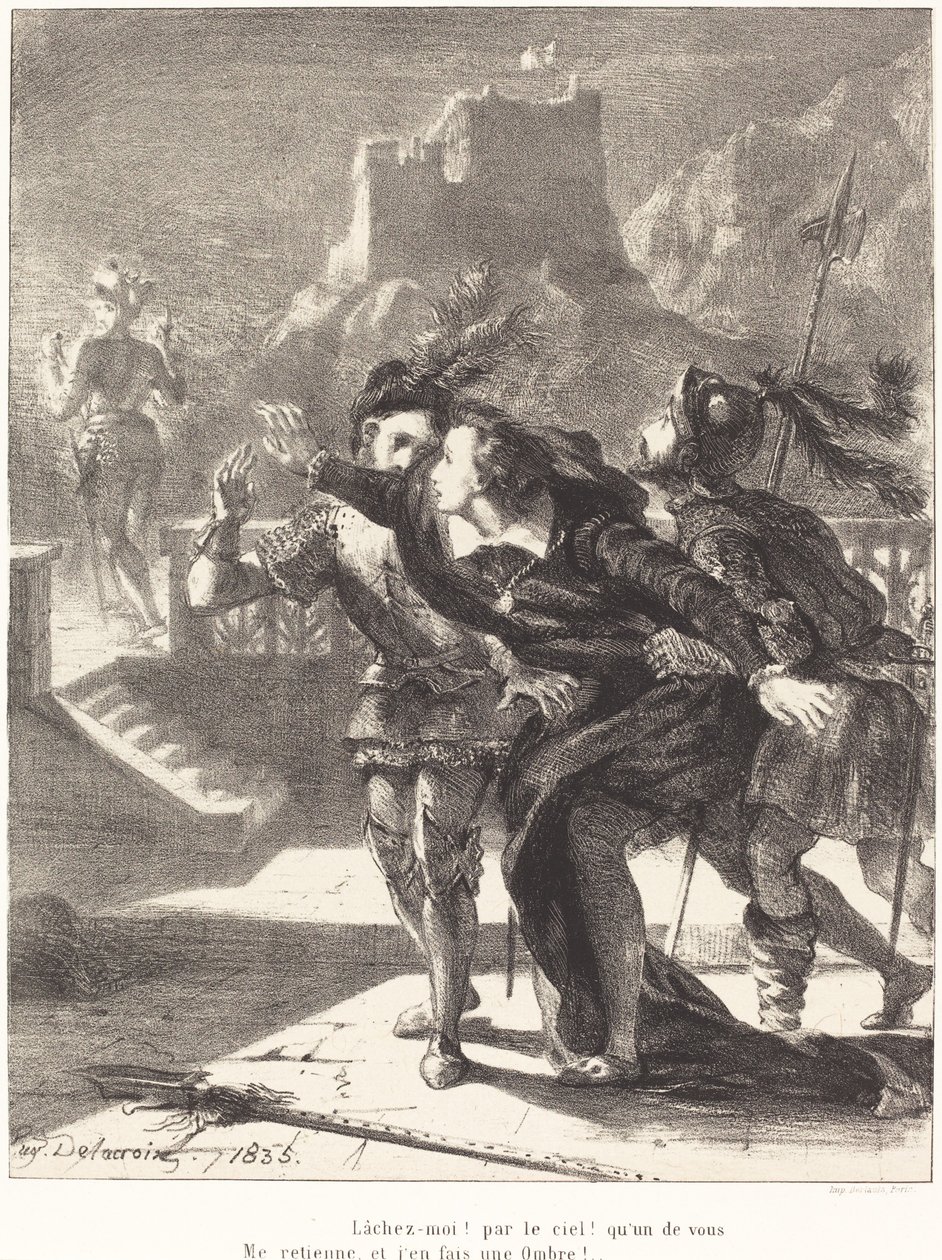 Hamlet deseja seguir o fantasma de seu pai (Ato I, Cena IV) de Eugène Delacroix