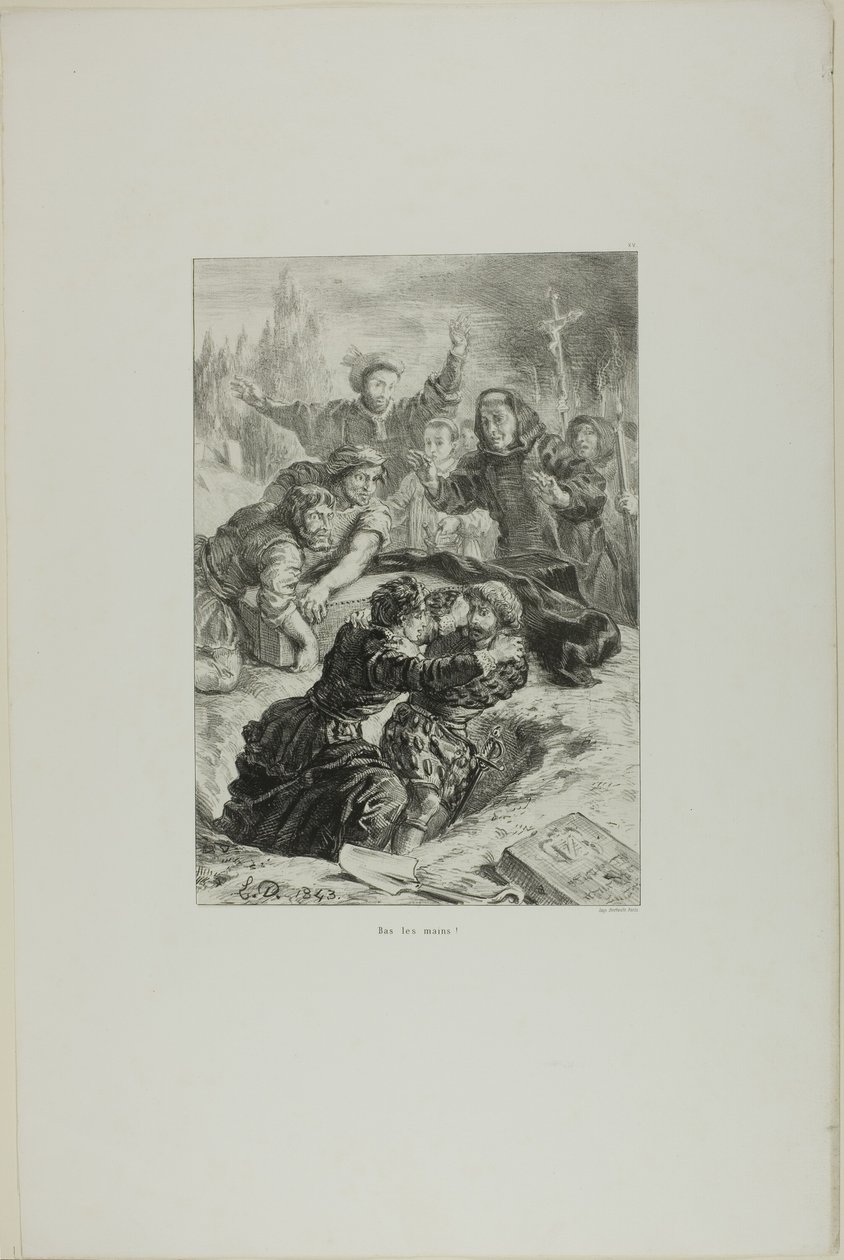 Hamlet e Laertes no túmulo de Ofélia, placa 15 de Hamlet de Eugène Delacroix