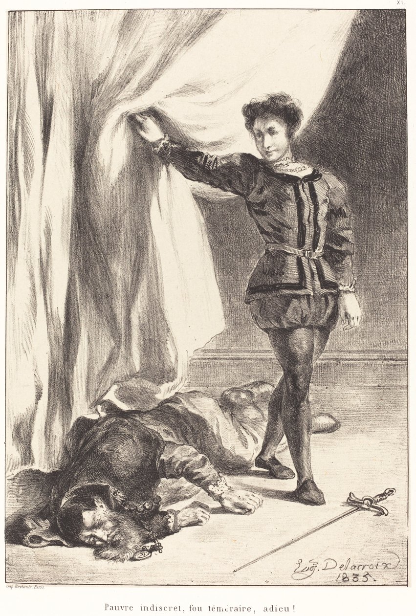 Hamlet e o Corpo de Polônio Ato III, Cena IV, 1835. de Eugène Delacroix