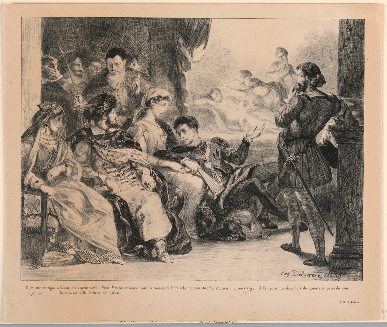 Ilustração para Hamlet: Os jogadores representam a morte do pai de Hamlet (III,2) de Eugène Delacroix