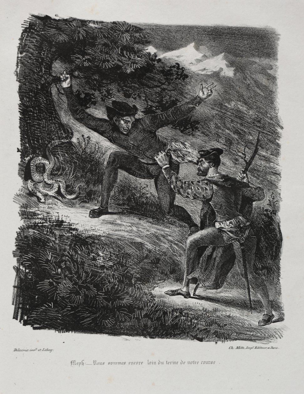 Ilustrações para Fausto: Fausto e Méfistófeles nas montanhas do Hartz de Eugène Delacroix