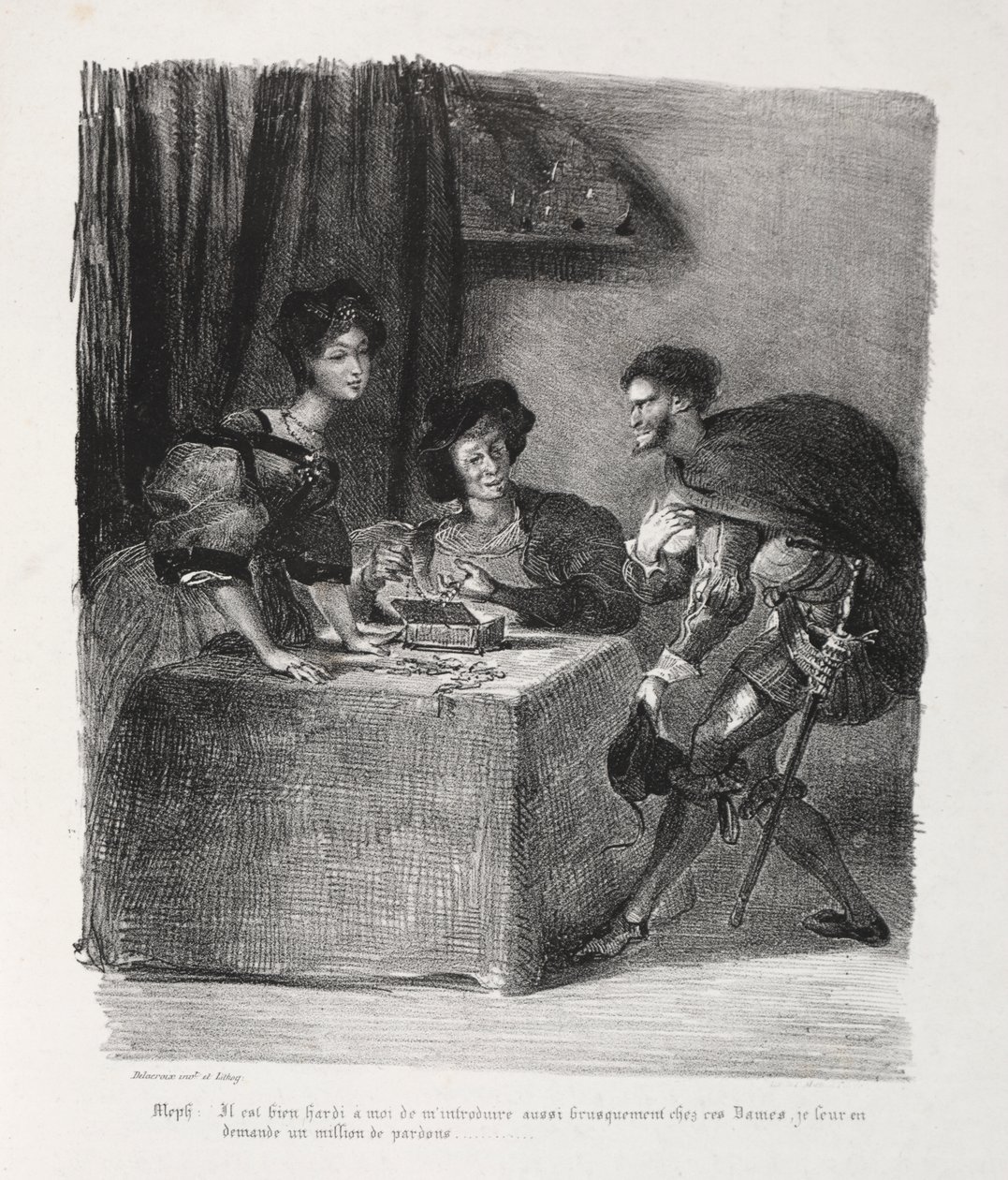 Ilustrações para Fausto: Mefistófeles está em Marthe de Eugène Delacroix