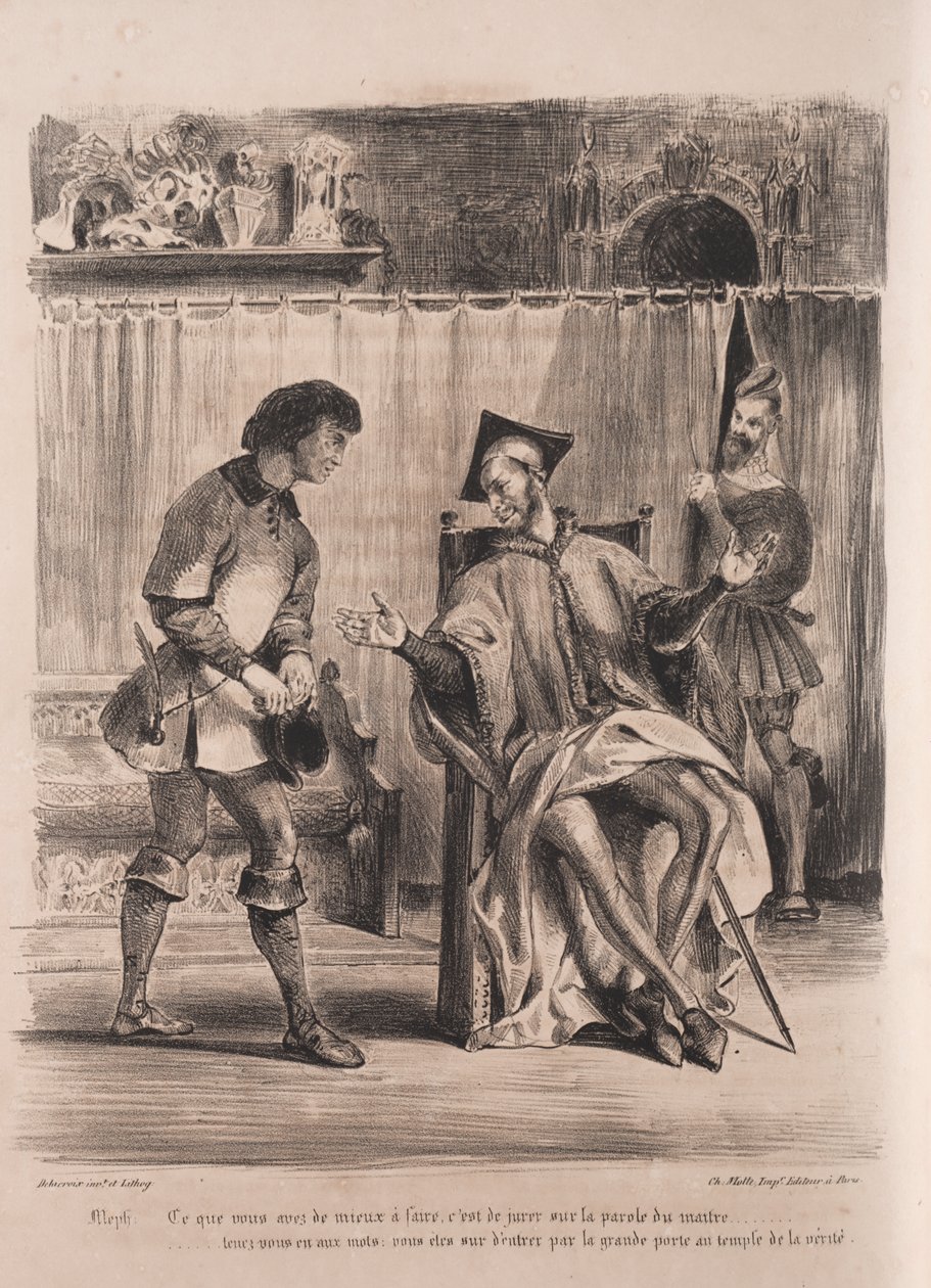 Ilustrações para Fausto: Mefistófeles recebe o colegial de Eugène Delacroix
